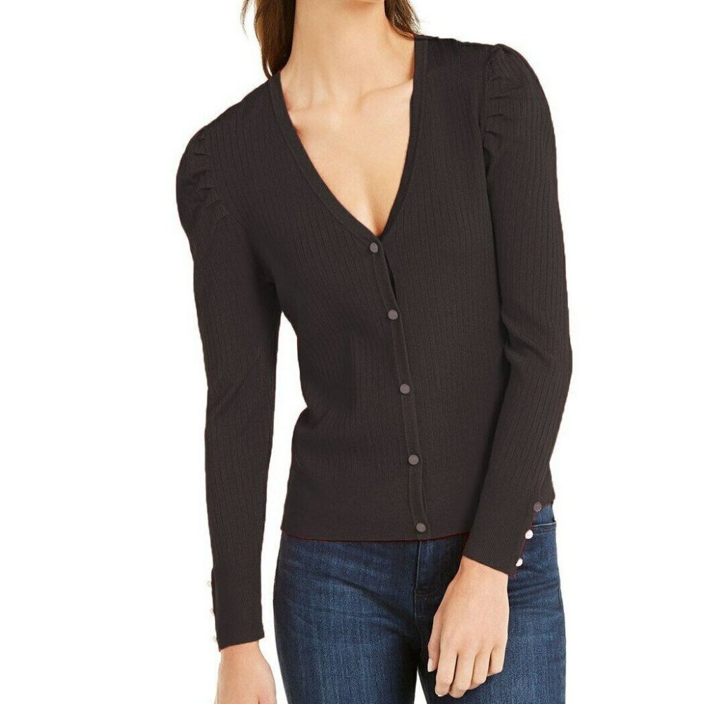 INC M Black Puff Sleeve Pearl Cardigan NWT AZ39